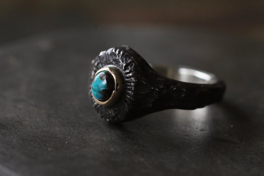 Melt Sun series | Bisbee Turquoise |900 coin style silver| 10k gold bezel