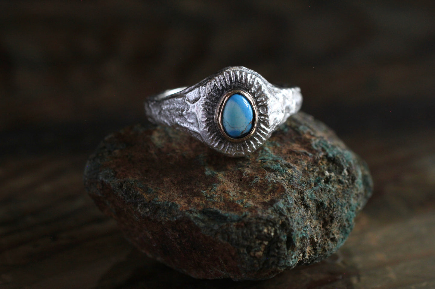 Melt Sun series | Goldenhills Turquoise | 900 coin style silver| 10k gold bezel