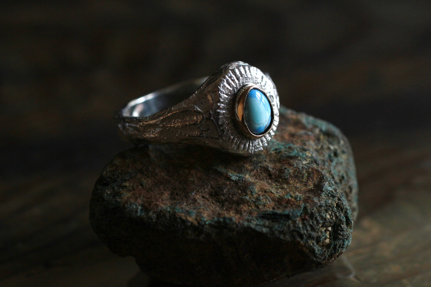 Melt Sun series | Goldenhills Turquoise | 900 coin style silver| 10k gold bezel