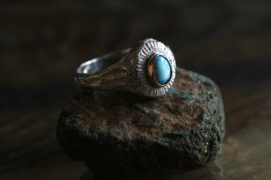 Melt Sun series | Goldenhills Turquoise | 900 coin style silver| 10k gold bezel