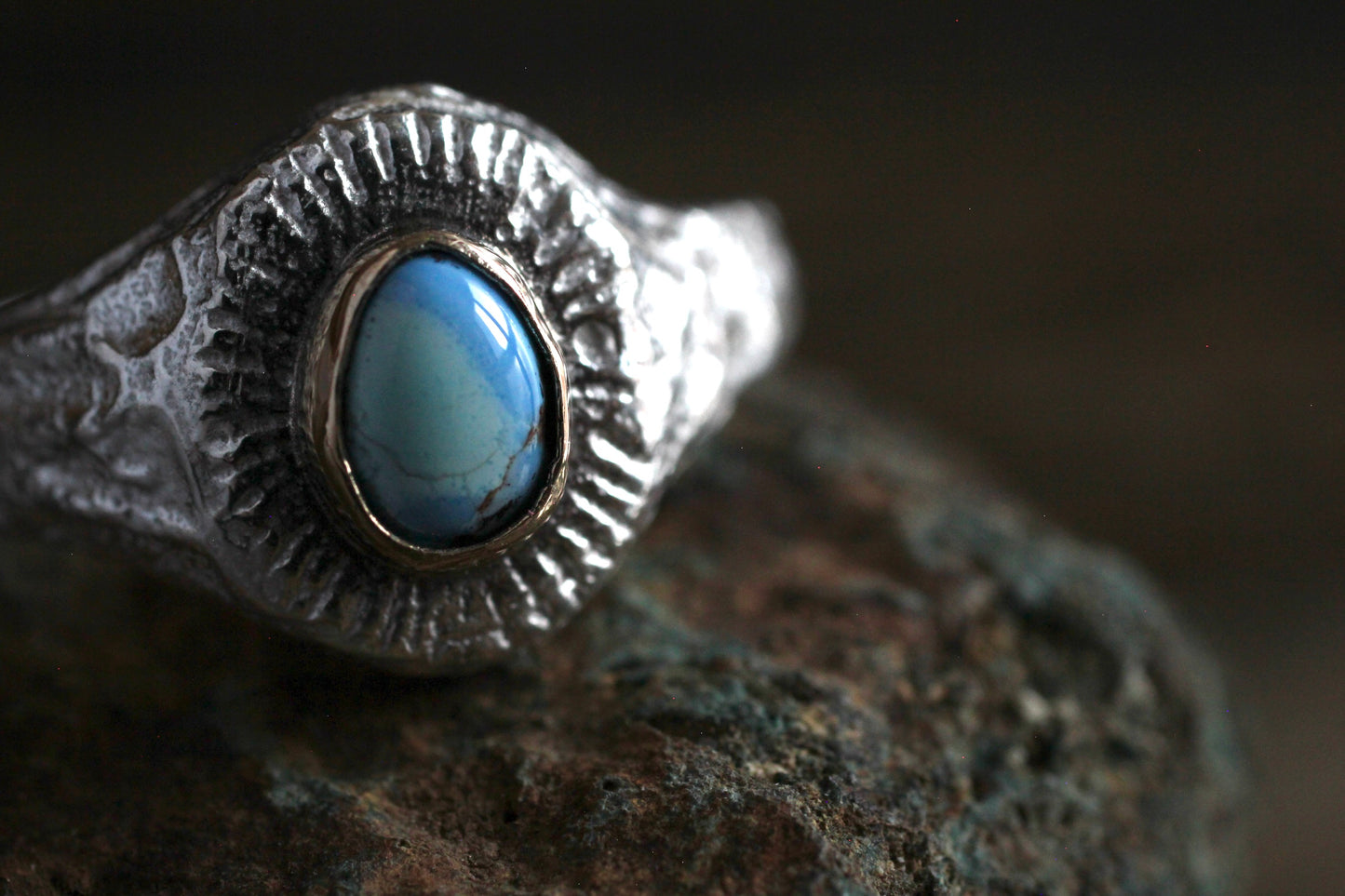 Melt Sun series | Goldenhills Turquoise | 900 coin style silver| 10k gold bezel